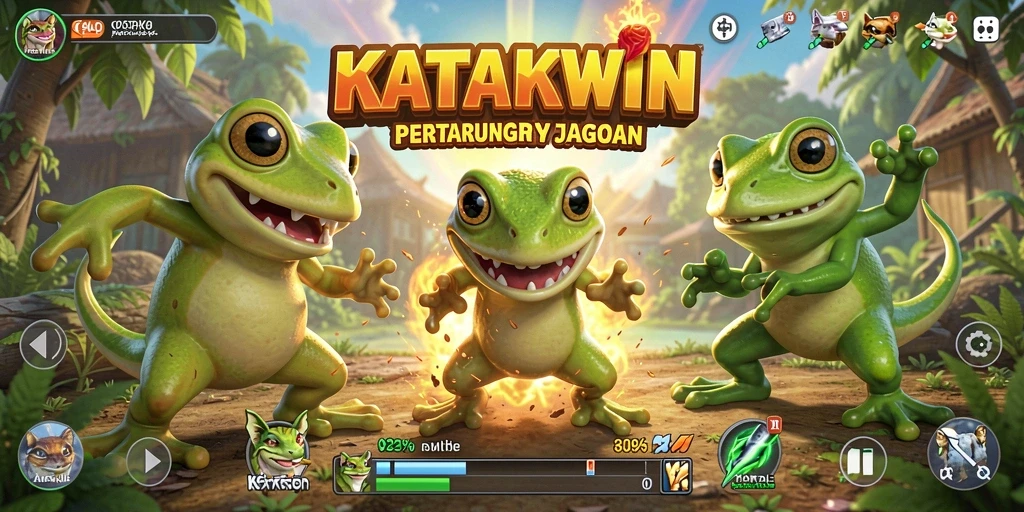 Tampilan layar pertarungan seru dalam KATAKWIN dengan karakter katak jagoan.